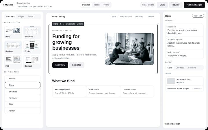 Studio editing the Acme Lending home page: sections on the left, the page in the middle, the hero's text and image on the right.